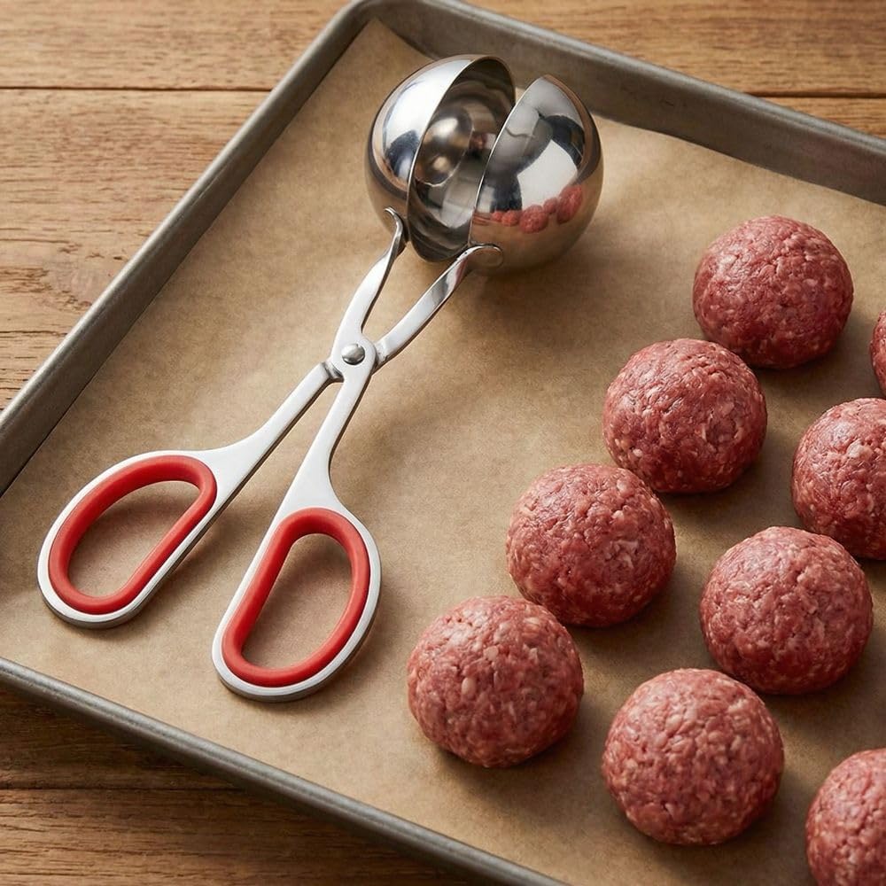 Steel Meatball Maker Tool - 7.5 Inch Food Scoop for Rice Balls, Cookie Dough and Melon Balling, Non-Stick Kitchen Utensil with Drain Holes(Red)
