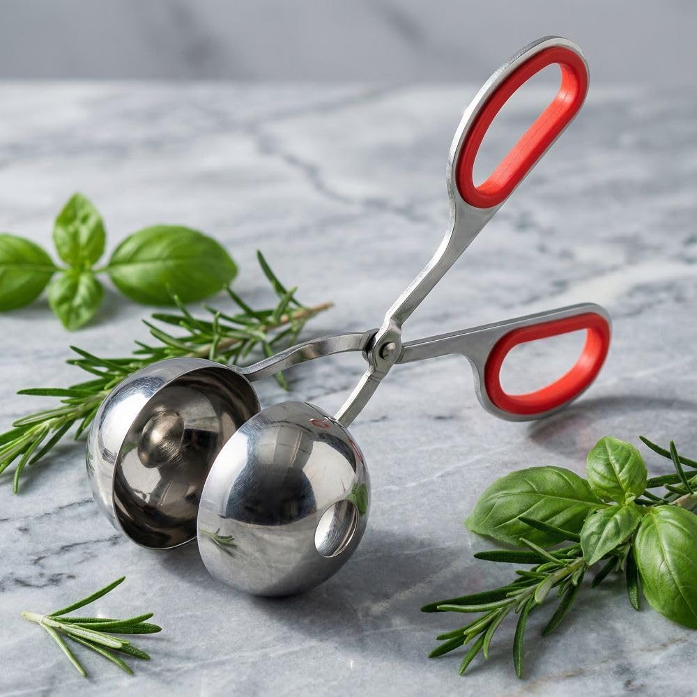 Steel Meatball Maker Tool - 7.5 Inch Food Scoop for Rice Balls, Cookie Dough and Melon Balling, Non-Stick Kitchen Utensil with Drain Holes(Red)