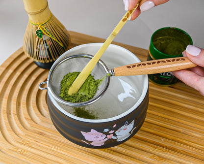 Matcha Whisk Holder Set, Bamboo Chasen with Glass Stand and Scoop, 100 Prong Tea Whisk for Japanese Green Tea Powder