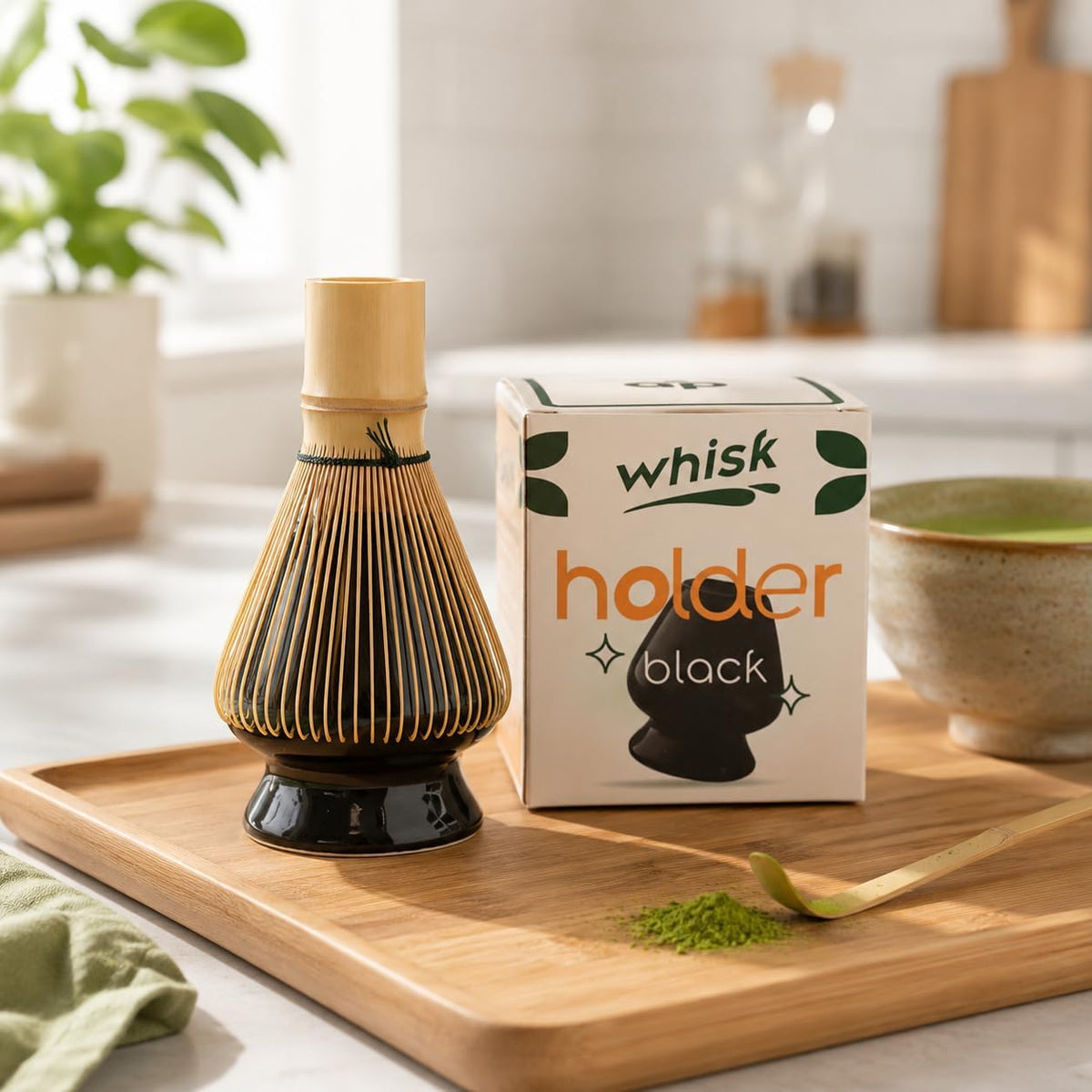 Matcha Whisk Holder Set, Bamboo Chasen with Glass Stand and Scoop, 100 Prong Tea Whisk for Japanese Green Tea Powder