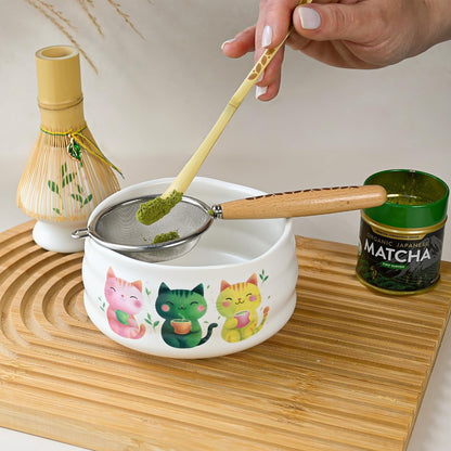 Matcha Whisk Holder Set, Bamboo Chasen with Glass Stand and Scoop, 100 Prong Tea Whisk for Japanese Green Tea Powder