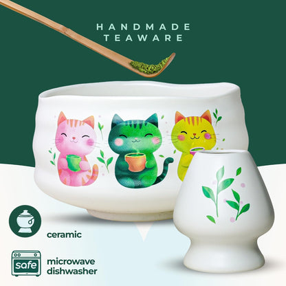 Matcha Whisk Holder Set, Bamboo Chasen with Glass Stand and Scoop, 100 Prong Tea Whisk for Japanese Green Tea Powder