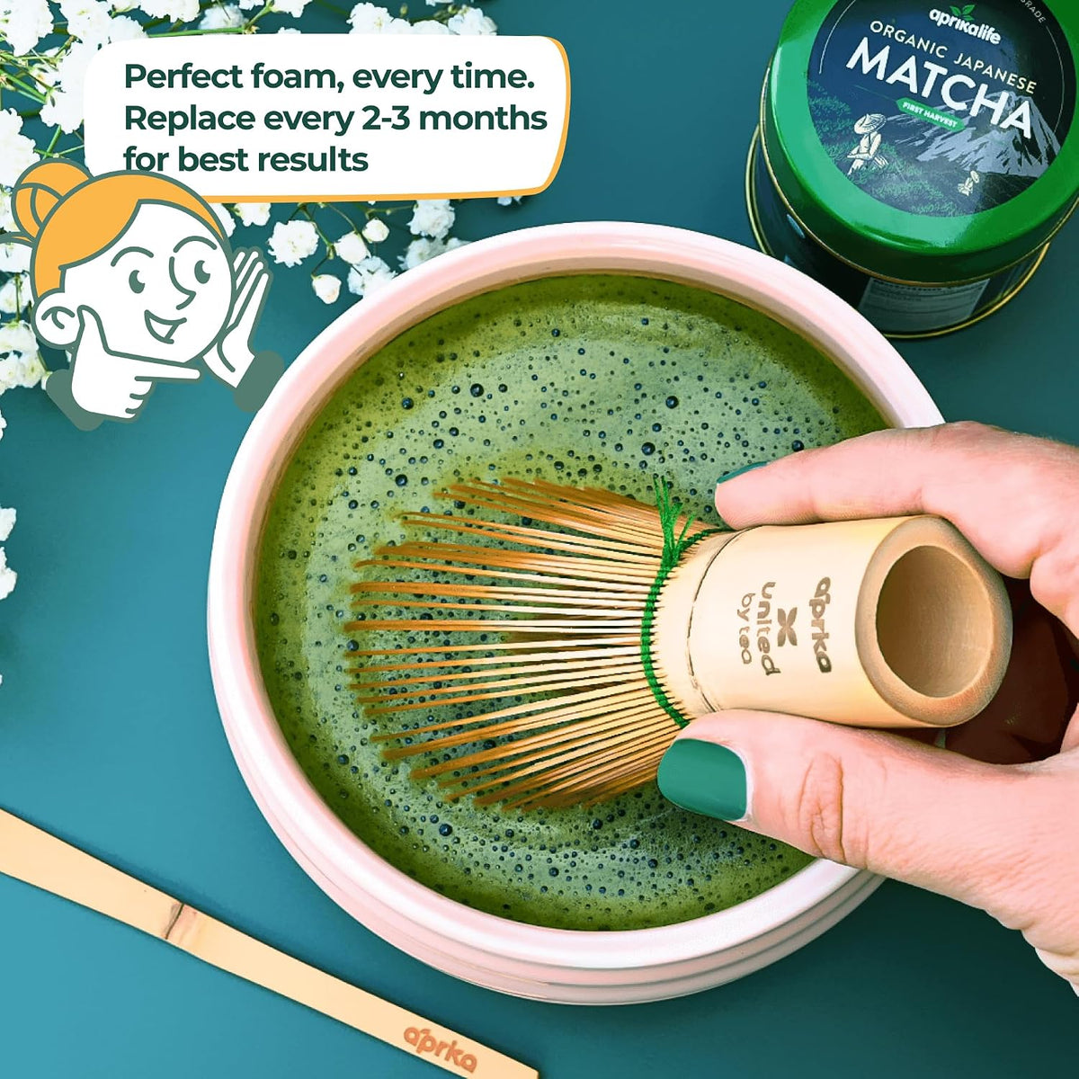Matcha Whisk Holder Set, Bamboo Chasen with Glass Stand and Scoop, 100 Prong Tea Whisk for Japanese Green Tea Powder