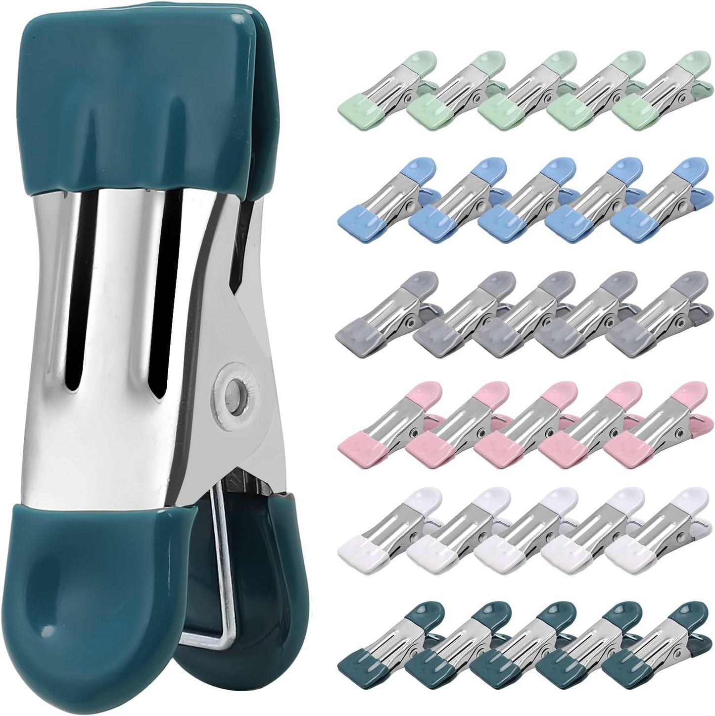 Clothes Pins Heavy Duty, 30 Pack, 2.17 Inch Metal Chip Clips, 6 Colors | Clothespins for Photo Drying Clothesline Laundry Sock, Bag Clips for Food Kitchen Stainless Steel with Rubber