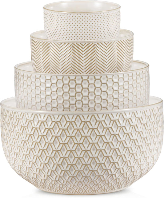 Ceramic Mixing Bowls, Nesting Set of 4, Embossed Kitchen Dishware, Prep, Serving, Gift, Microwave and Dishwasher Safe, 20/44/98/145 oz, Narbonne Collection (Ivory)