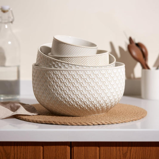 Ceramic Mixing Bowls, Nesting Set of 4, Embossed Kitchen Dishware, Prep, Serving, Gift, Microwave and Dishwasher Safe, 20/44/98/145 oz, Narbonne Collection (Ivory)