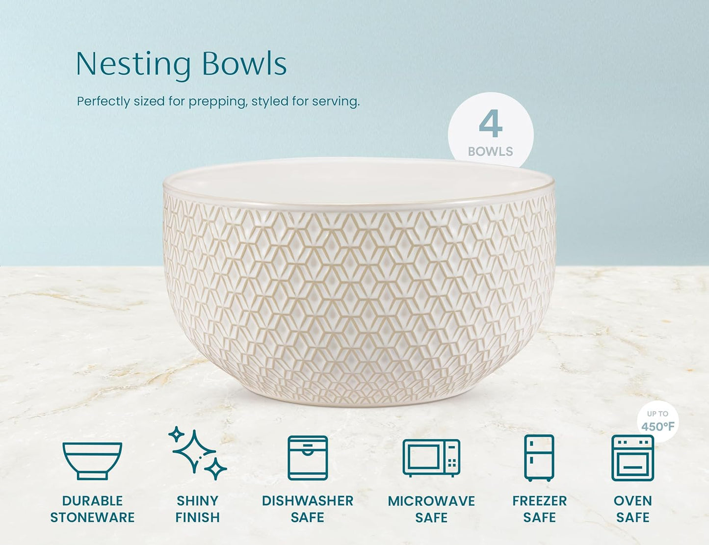 Ceramic Mixing Bowls, Nesting Set of 4, Embossed Kitchen Dishware, Prep, Serving, Gift, Microwave and Dishwasher Safe, 20/44/98/145 oz, Narbonne Collection (Ivory)