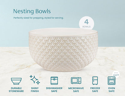 Ceramic Mixing Bowls, Nesting Set of 4, Embossed Kitchen Dishware, Prep, Serving, Gift, Microwave and Dishwasher Safe, 20/44/98/145 oz, Narbonne Collection (Ivory)