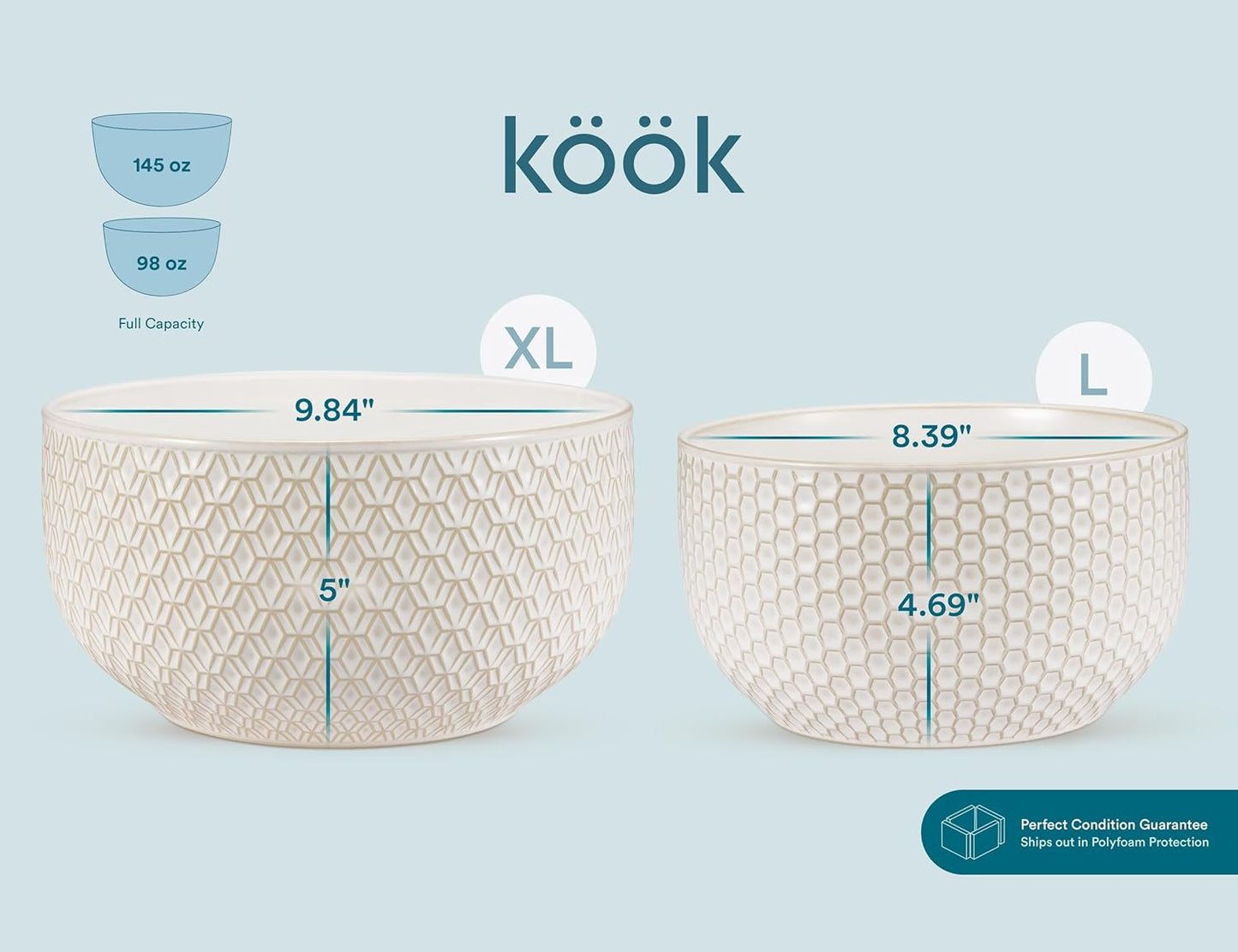 Ceramic Mixing Bowls, Nesting Set of 4, Embossed Kitchen Dishware, Prep, Serving, Gift, Microwave and Dishwasher Safe, 20/44/98/145 oz, Narbonne Collection (Ivory)
