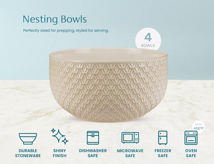 Ceramic Mixing Bowls, Nesting Set of 4, Embossed Kitchen Dishware, Prep, Serving, Gift, Microwave and Dishwasher Safe, 20/44/98/145 oz, Narbonne Collection (Ivory)