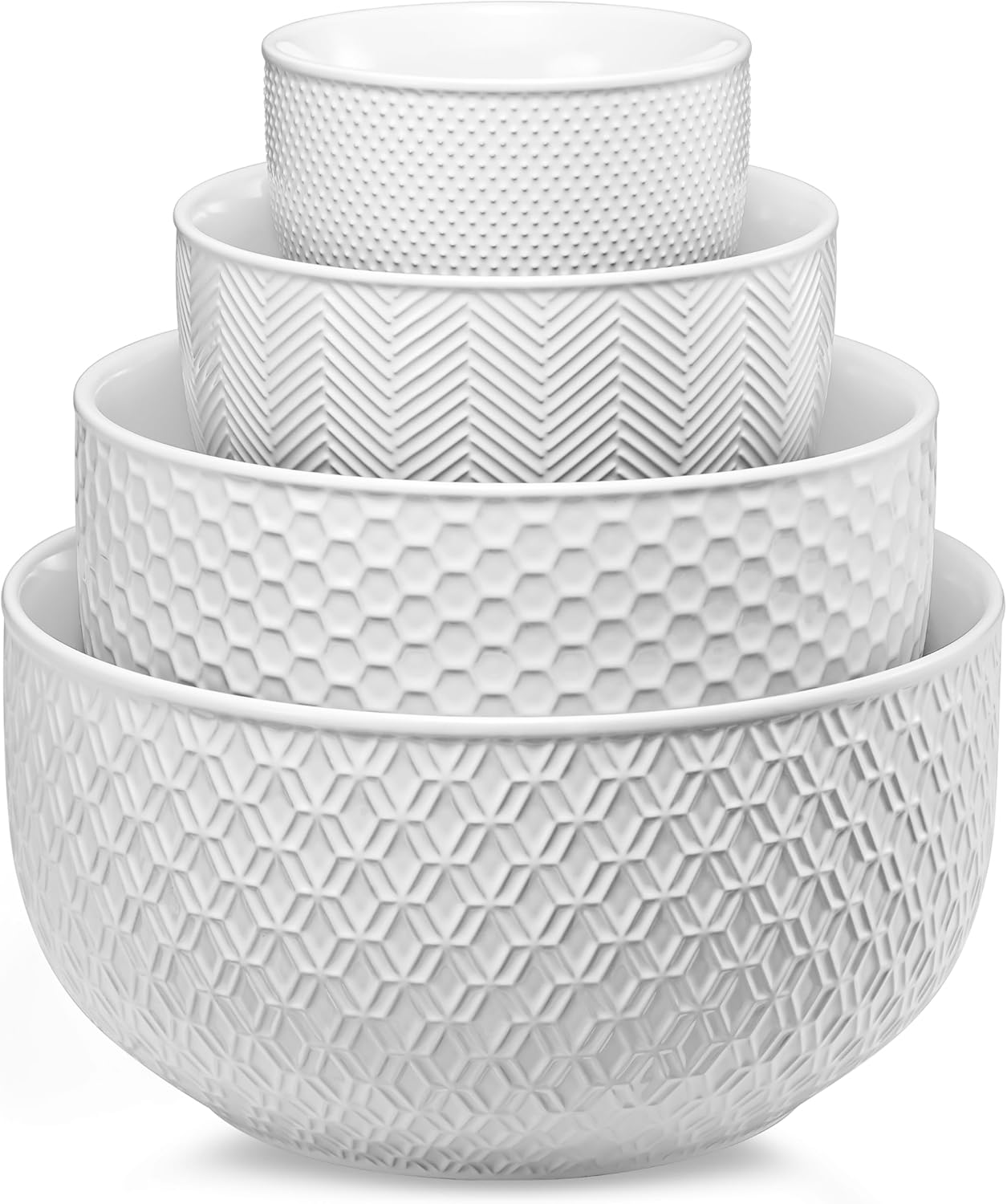 Ceramic Mixing Bowls, Nesting Set of 4, Embossed Kitchen Dishware, Prep, Serving, Gift, Microwave and Dishwasher Safe, 20/44/98/145 oz, Narbonne Collection (Ivory)