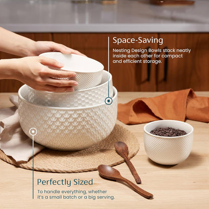 Ceramic Mixing Bowls, Nesting Set of 4, Embossed Kitchen Dishware, Prep, Serving, Gift, Microwave and Dishwasher Safe, 20/44/98/145 oz, Narbonne Collection (Ivory)