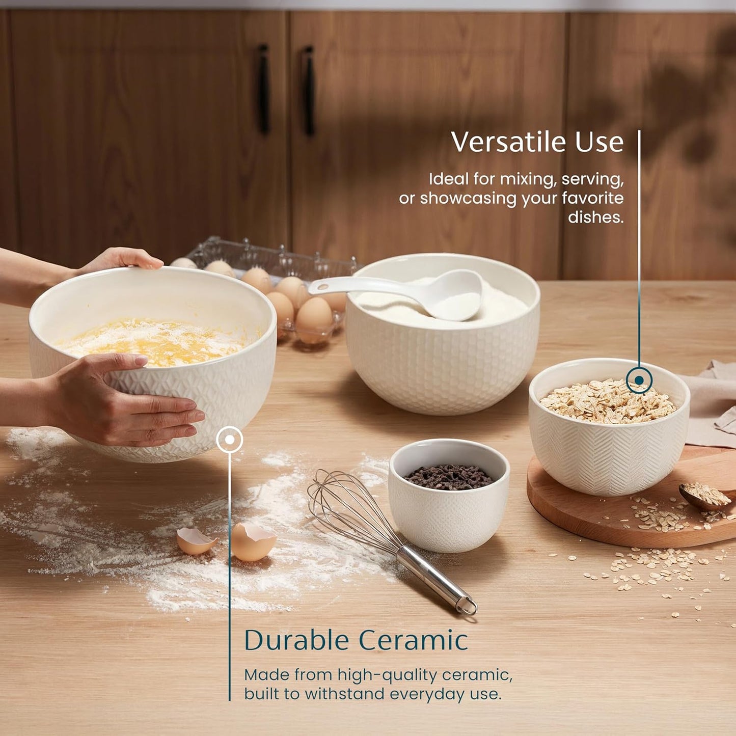 Ceramic Mixing Bowls, Nesting Set of 4, Embossed Kitchen Dishware, Prep, Serving, Gift, Microwave and Dishwasher Safe, 20/44/98/145 oz, Narbonne Collection (Ivory)