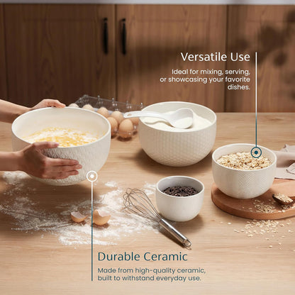 Ceramic Mixing Bowls, Nesting Set of 4, Embossed Kitchen Dishware, Prep, Serving, Gift, Microwave and Dishwasher Safe, 20/44/98/145 oz, Narbonne Collection (Ivory)