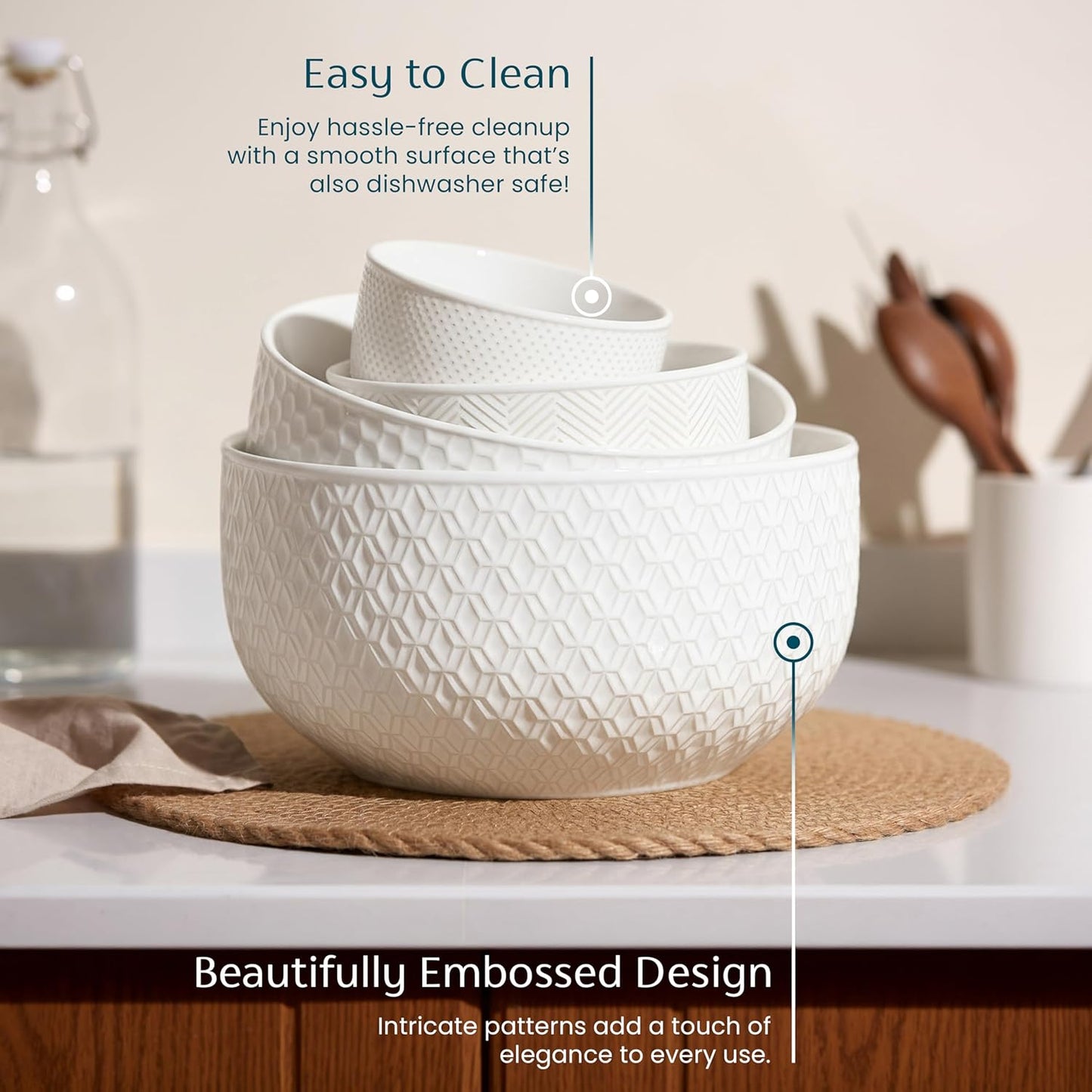 Ceramic Mixing Bowls, Nesting Set of 4, Embossed Kitchen Dishware, Prep, Serving, Gift, Microwave and Dishwasher Safe, 20/44/98/145 oz, Narbonne Collection (Ivory)