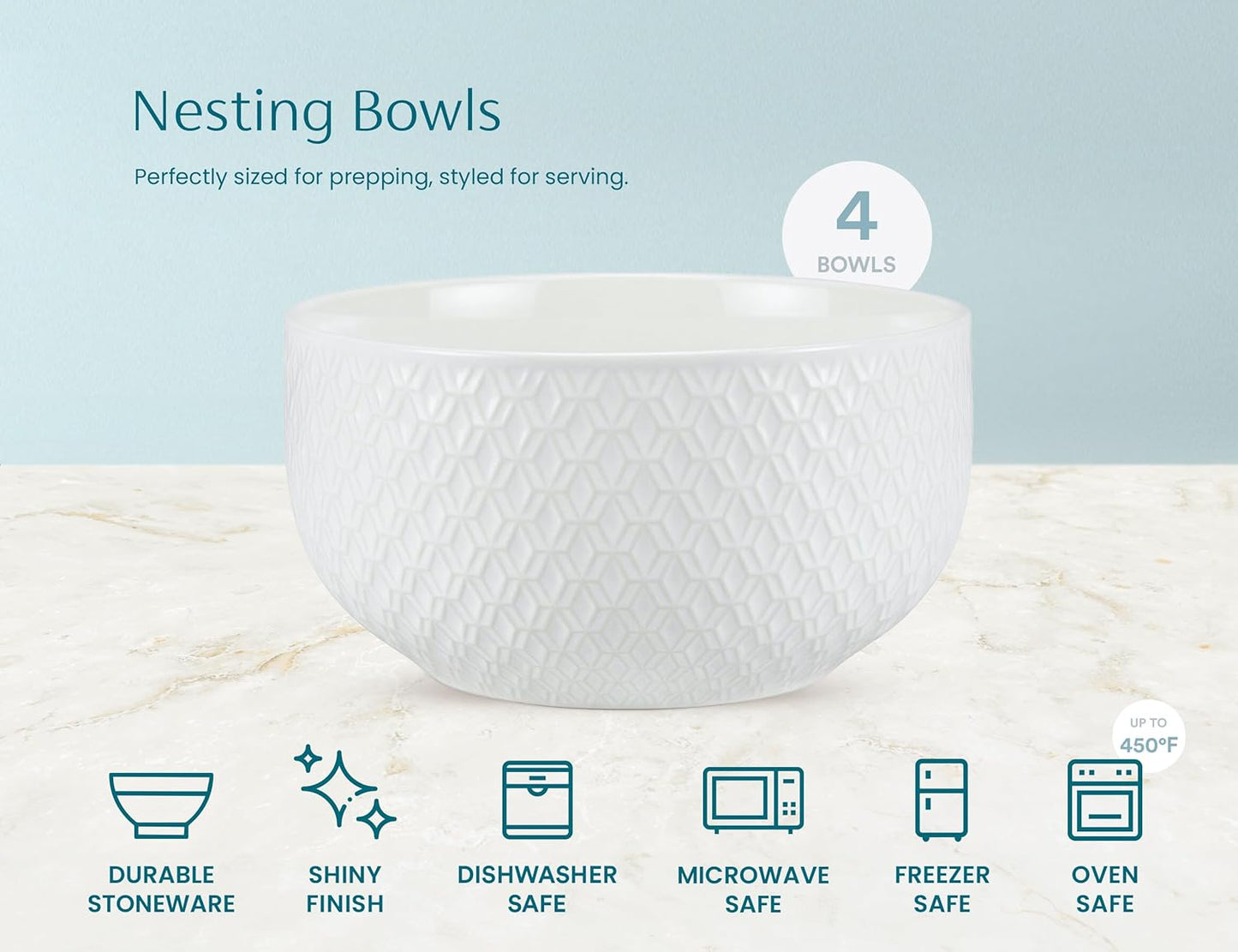 Ceramic Mixing Bowls, Nesting Set of 4, Embossed Kitchen Dishware, Prep, Serving, Gift, Microwave and Dishwasher Safe, 20/44/98/145 oz, Narbonne Collection (Ivory)
