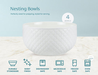Ceramic Mixing Bowls, Nesting Set of 4, Embossed Kitchen Dishware, Prep, Serving, Gift, Microwave and Dishwasher Safe, 20/44/98/145 oz, Narbonne Collection (Ivory)