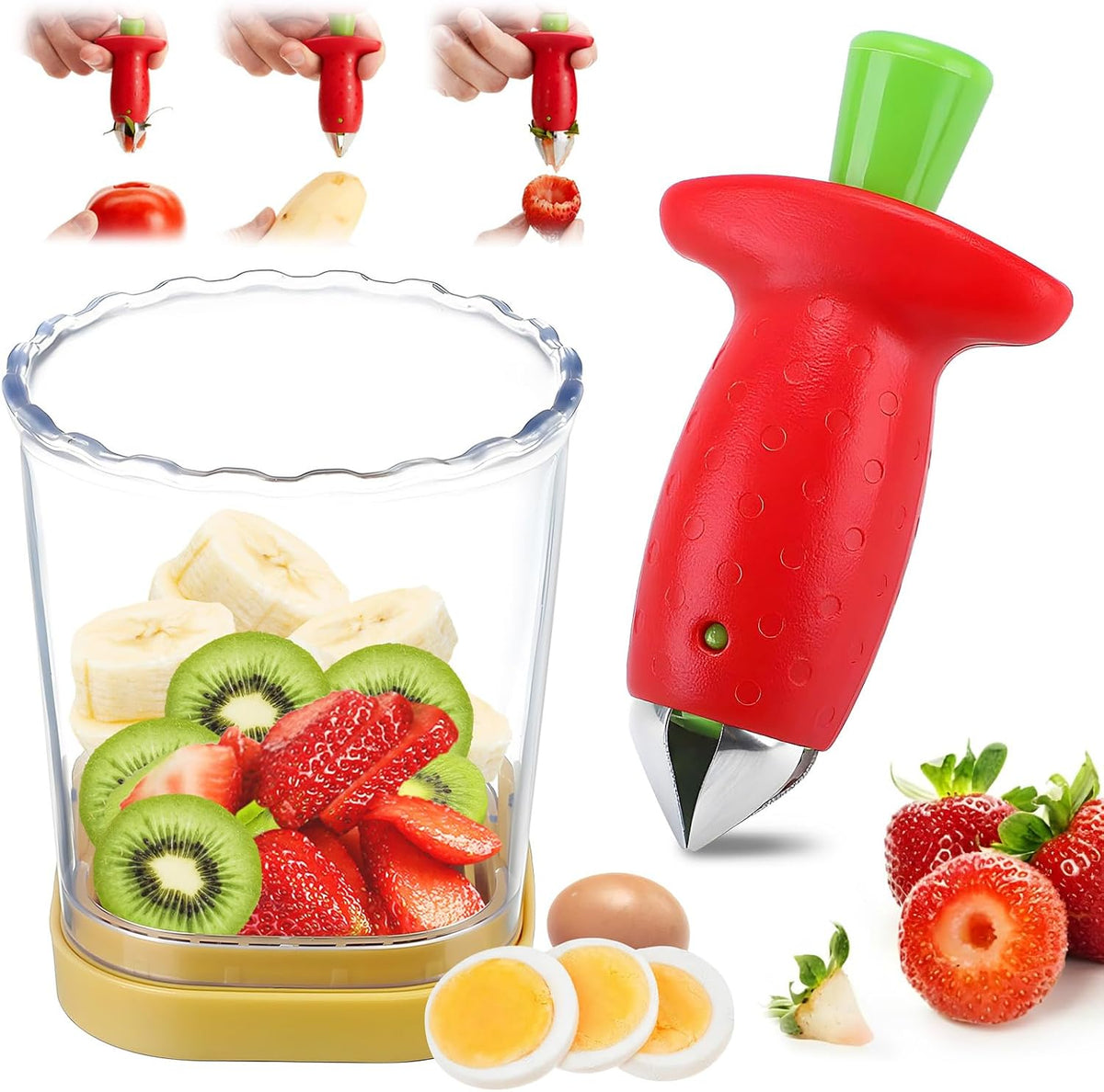 Strawberry Slicer/Cutter/Corer, Strawberry Huller Fruit Leaf Stem Remover Tools,Fruit Cutter, Egg Slicer Kitchen Gadgets, Veggie Strawberry Slicer Tool for Dessert and Cake Decorations (c)