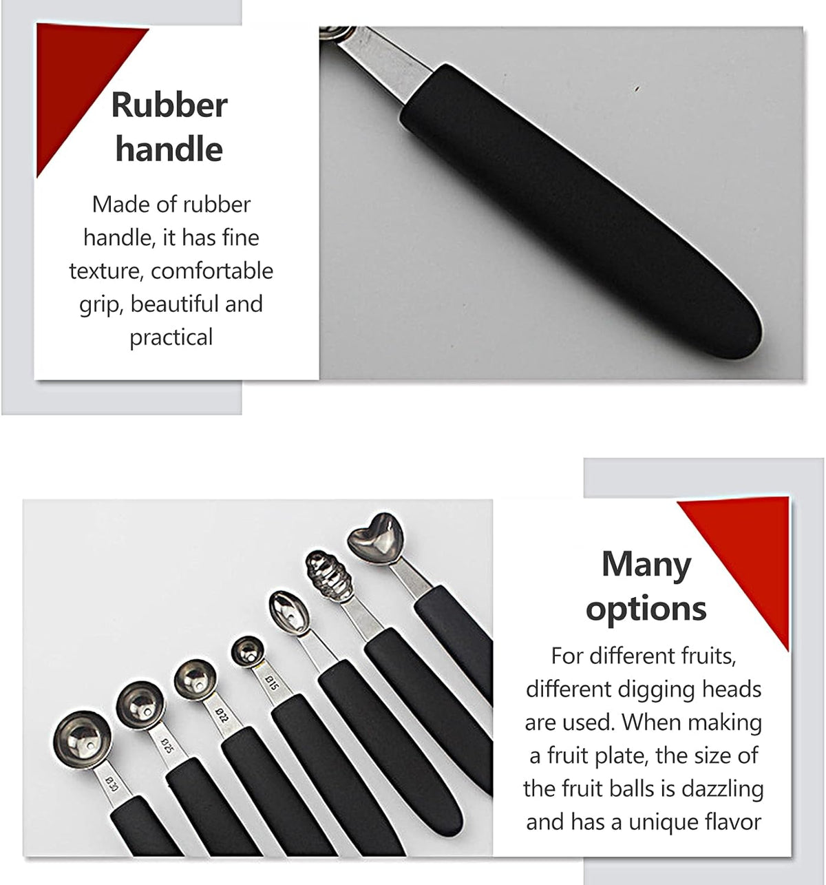 7Pcs Melon Baller Scoop Set, Stainless Steel Fruit Scooper and Baller, Various Shapes Melon Ballers, Smooth Round Watermelon Scooper with Rubber Handle for Fruits, Yogurt