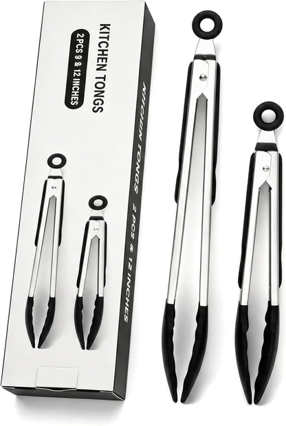 2 Pack Black Kitchen Tongs, Stainless Steel Heat Resistant Food Tongs for Cooking, Non Scratch Silicone Tip for Pans, Strong Grip, Grab Food, Toss Salad, 9 + 12 Inch, Black