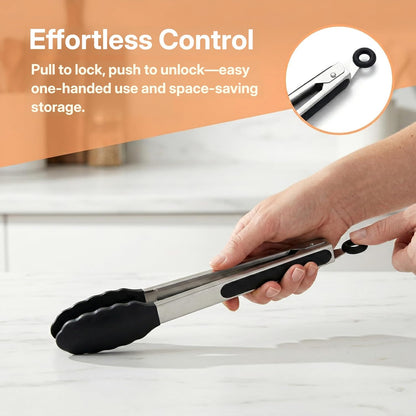 2 Pack Black Kitchen Tongs, Stainless Steel Heat Resistant Food Tongs for Cooking, Non Scratch Silicone Tip for Pans, Strong Grip, Grab Food, Toss Salad, 9 + 12 Inch, Black