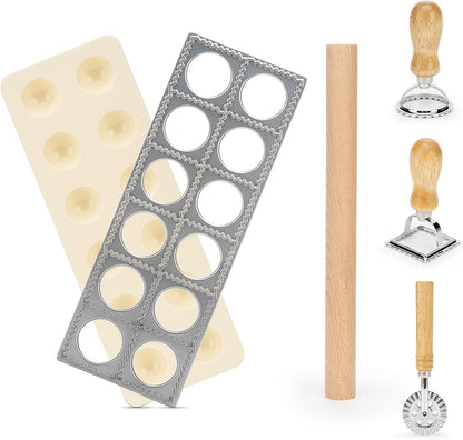 5 Pcs Ravioli Maker Set, Ravioli Cutter and Ravioli Mold with Wood Rolling Pin, 2-Inch Square Pasta Stamp Press for Homemade Italian Ravioli, Kitchen Pasta Making Tools for Baking Enthusiasts
