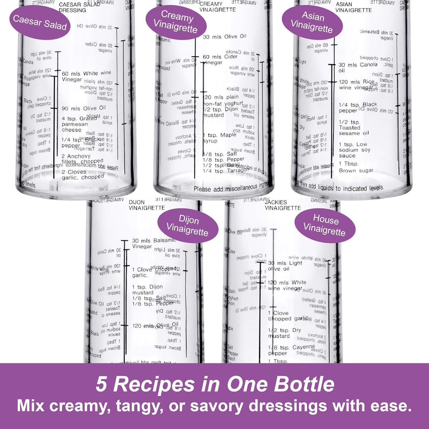 Acrylic Salad Dressing Shaker with Built-In Recipe (12 oz), Plastic Vinaigrette Mixer Bottle for Homemade Dressings, BPA-Free, Dishwasher-Safe, Easy to Measure, Mix, Serve, and Store