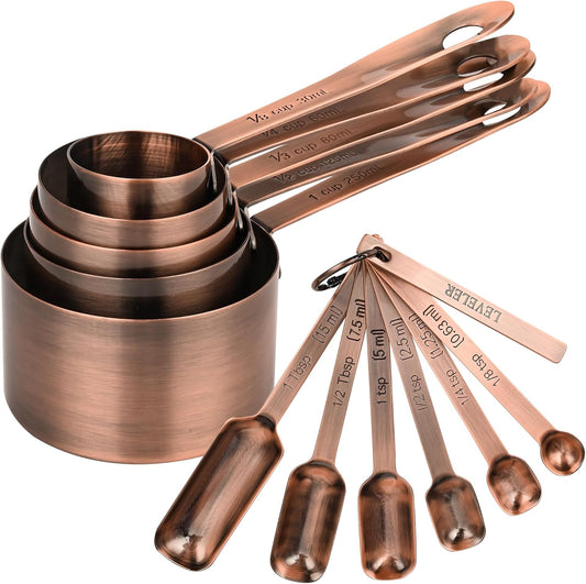Copper Measuring Cups and Spoons Set, Stainless Steel Measuring Cups and Spoons Set 12, Metal Measuring Cups Set, 5 Measuring Cup Set and 6 Copper Measuring Spoons &Leveler for Kitchen