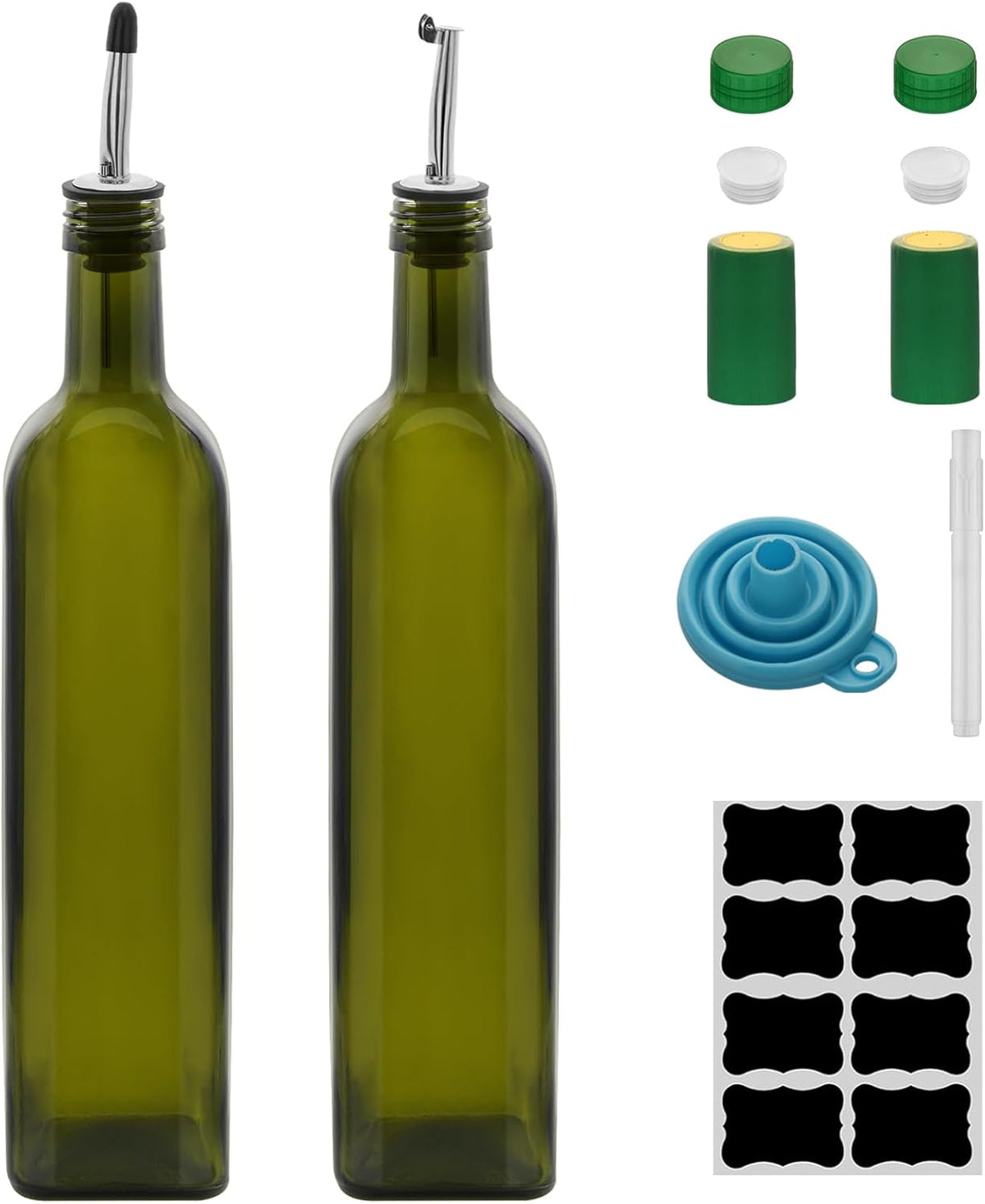 2Pcs 25 oz Olive Oil Dispenser Bottle,750 ml Glass Oil and Vinegar Dispenser Set with Pourers and Funnel ，Oil Bottles for Kitchen Large capacity oil bottles (Green 2pcs)