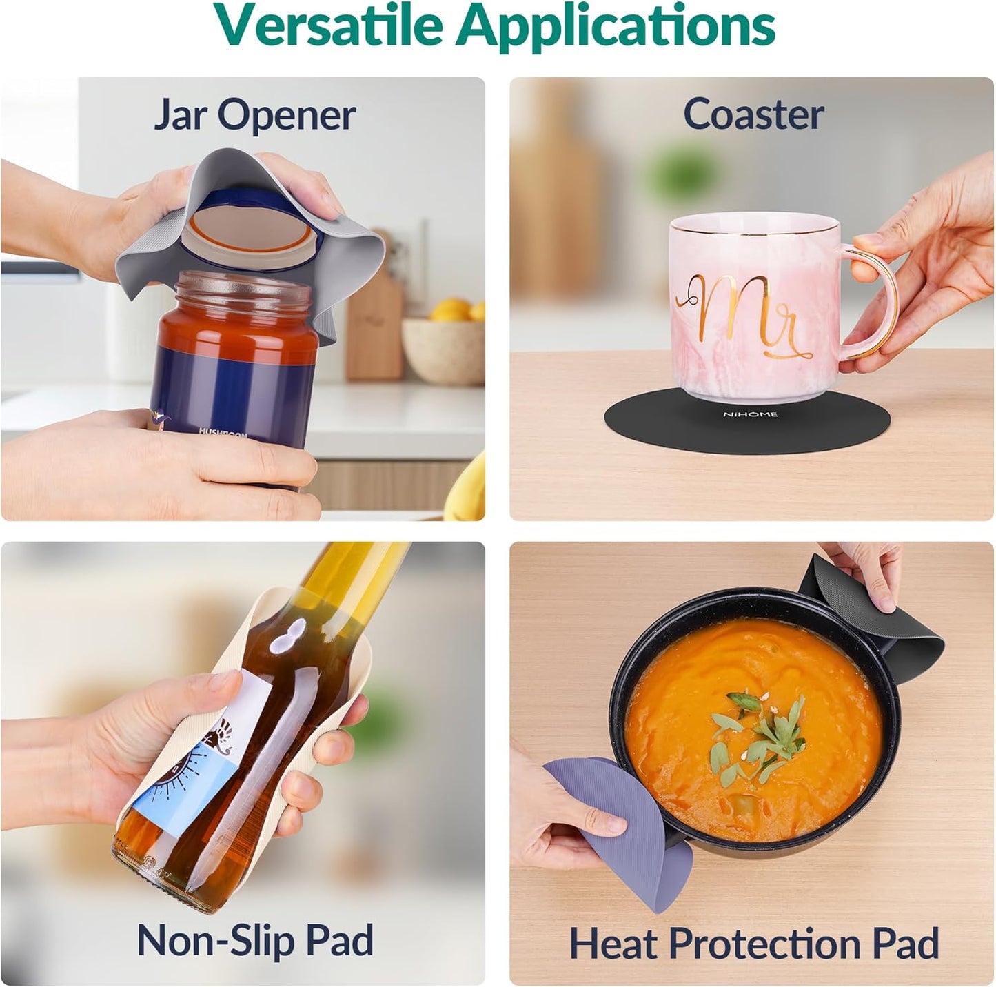 Silicone Jar Opener Gripper Pads, 6 Inch Large Rubber Jar Openers for Seniors with Arthritis & Weak Hands, Food-Grade Non-Slip Bottle Lid Grip, Heat-Resistant Trivet Coaster Mat, Set of 4