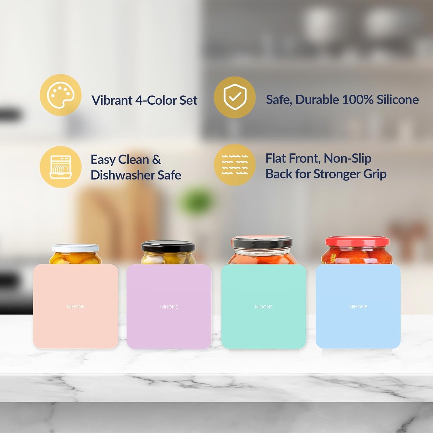 Silicone Jar Opener Gripper Pads, 6 Inch Large Rubber Jar Openers for Seniors with Arthritis & Weak Hands, Food-Grade Non-Slip Bottle Lid Grip, Heat-Resistant Trivet Coaster Mat, Set of 4