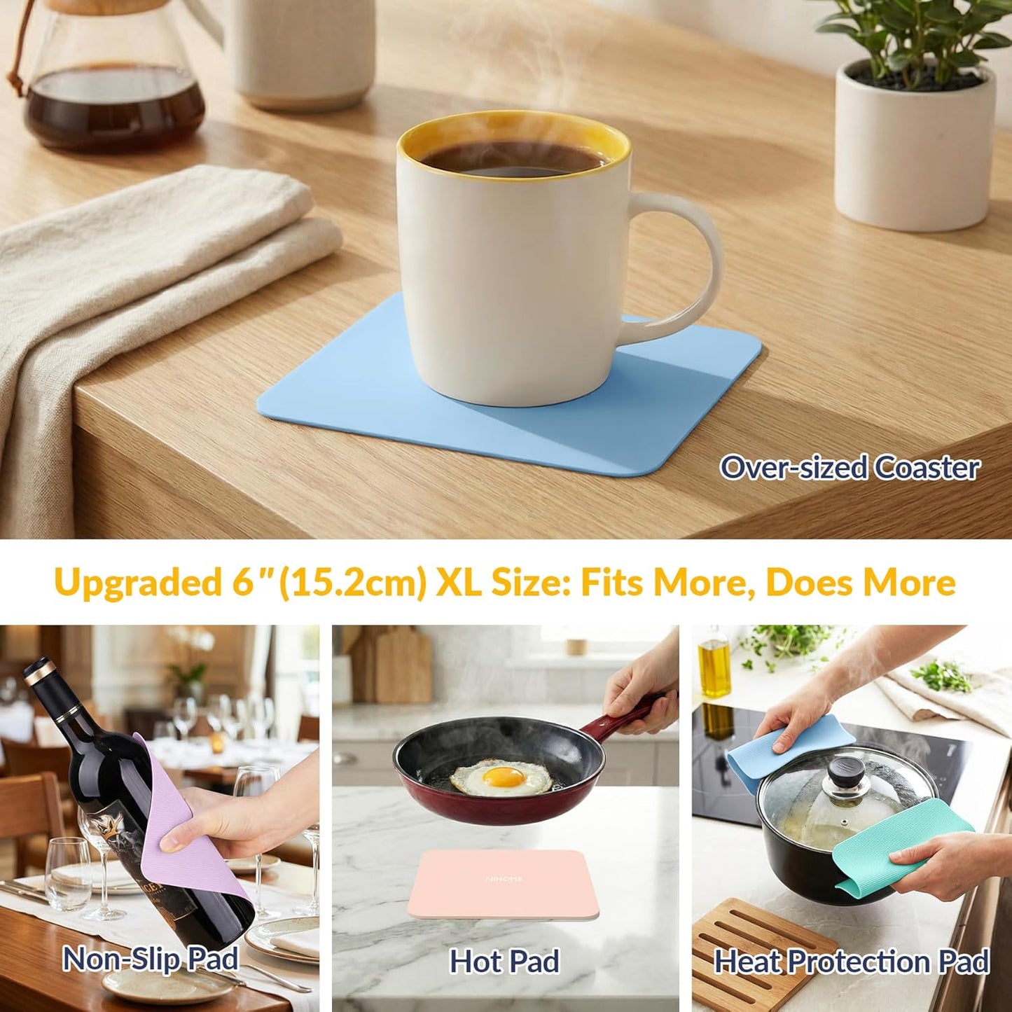 Silicone Jar Opener Gripper Pads, 6 Inch Large Rubber Jar Openers for Seniors with Arthritis & Weak Hands, Food-Grade Non-Slip Bottle Lid Grip, Heat-Resistant Trivet Coaster Mat, Set of 4