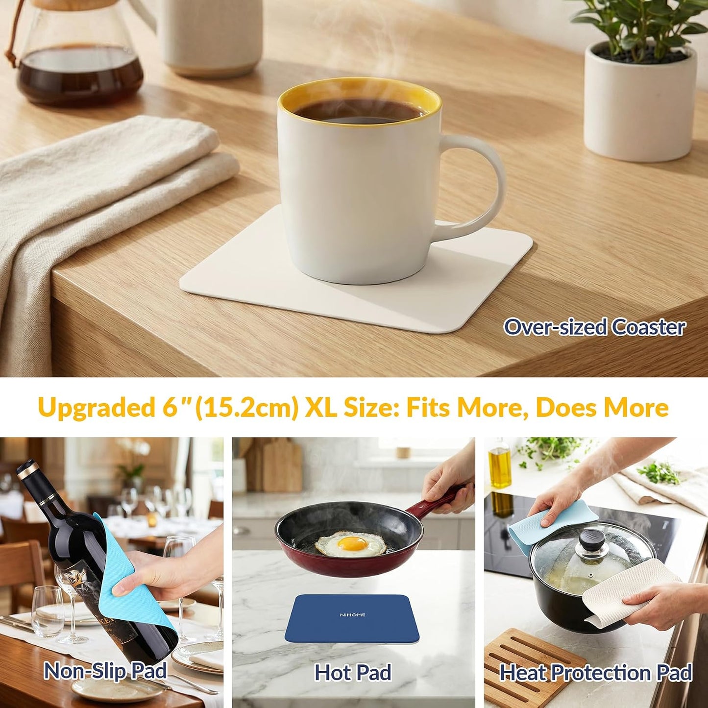 Silicone Jar Opener Gripper Pads, 6 Inch Large Rubber Jar Openers for Seniors with Arthritis & Weak Hands, Food-Grade Non-Slip Bottle Lid Grip, Heat-Resistant Trivet Coaster Mat, Set of 4