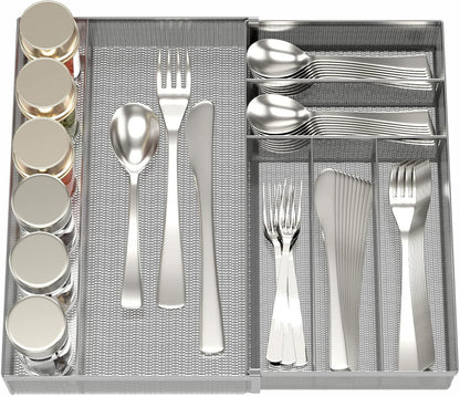 Utensil Drawer Organizer - Expandable Cutlery Tray, Silverware/Flatware Storage Divider for Kitchen, Mesh Designing with Non-slip Rubber Feet (Silver)