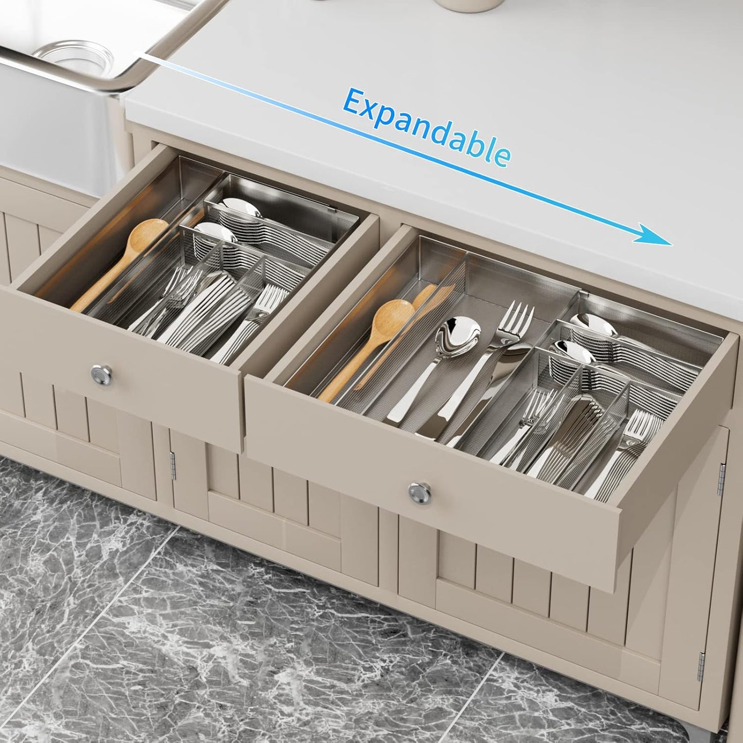Utensil Drawer Organizer - Expandable Cutlery Tray, Silverware/Flatware Storage Divider for Kitchen, Mesh Designing with Non-slip Rubber Feet (Silver)
