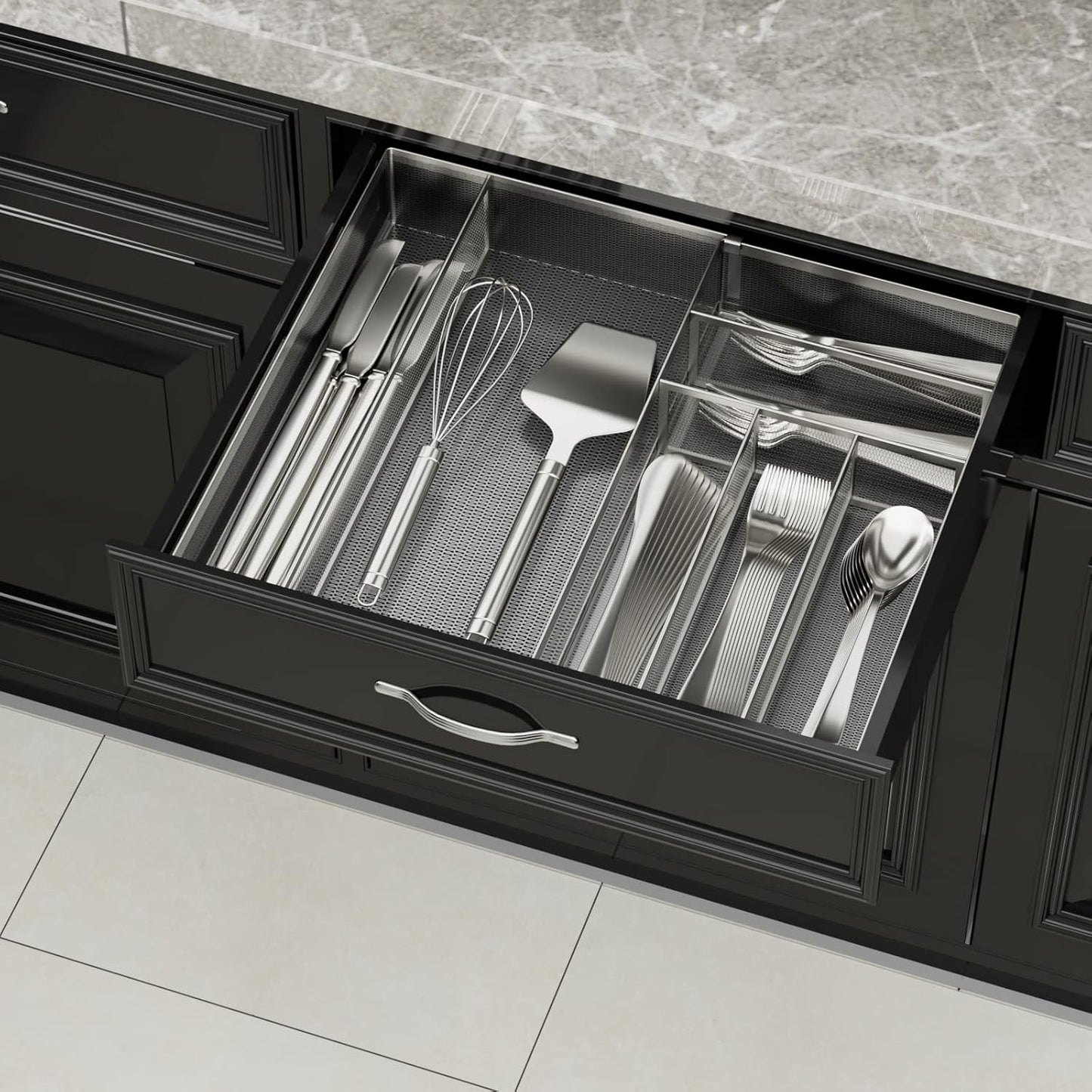 Utensil Drawer Organizer - Expandable Cutlery Tray, Silverware/Flatware Storage Divider for Kitchen, Mesh Designing with Non-slip Rubber Feet (Silver)