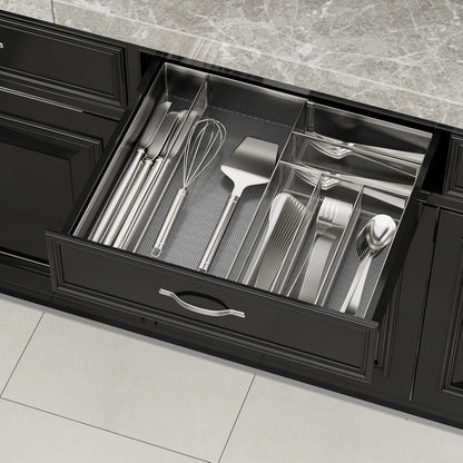 Utensil Drawer Organizer - Expandable Cutlery Tray, Silverware/Flatware Storage Divider for Kitchen, Mesh Designing with Non-slip Rubber Feet (Silver)