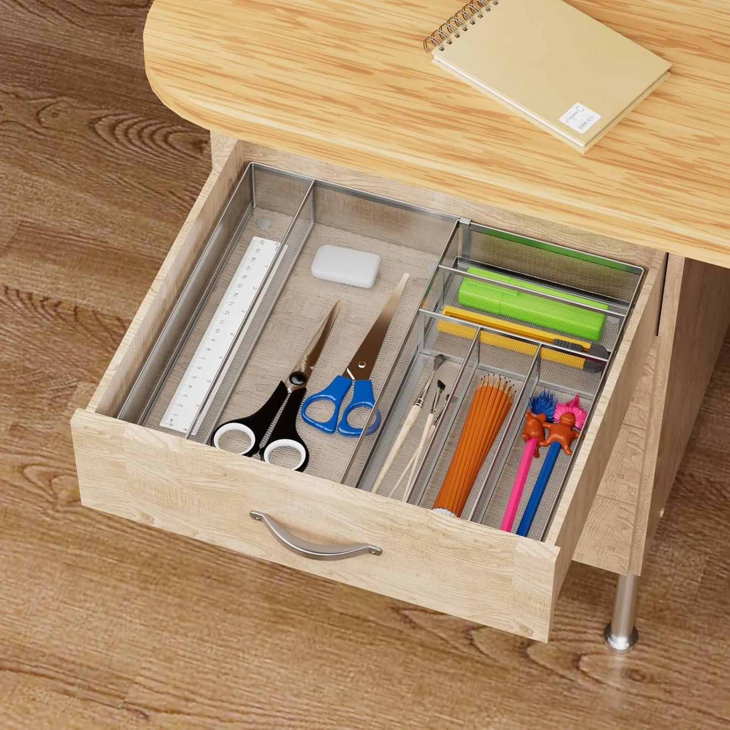 Utensil Drawer Organizer - Expandable Cutlery Tray, Silverware/Flatware Storage Divider for Kitchen, Mesh Designing with Non-slip Rubber Feet (Silver)