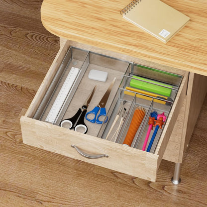 Utensil Drawer Organizer - Expandable Cutlery Tray, Silverware/Flatware Storage Divider for Kitchen, Mesh Designing with Non-slip Rubber Feet (Silver)