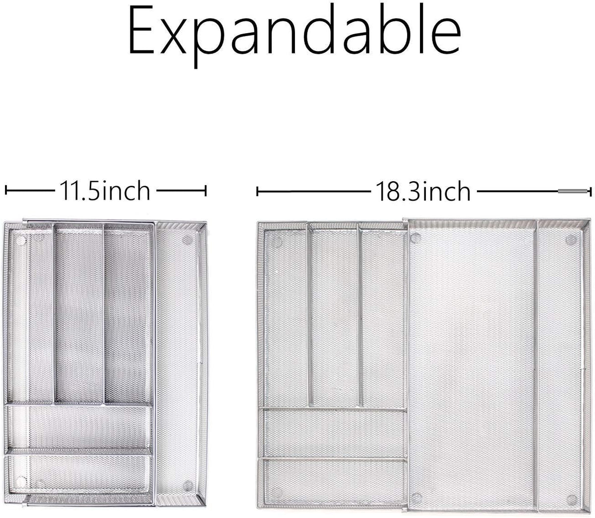 Utensil Drawer Organizer - Expandable Cutlery Tray, Silverware/Flatware Storage Divider for Kitchen, Mesh Designing with Non-slip Rubber Feet (Silver)