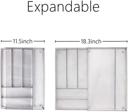 Utensil Drawer Organizer - Expandable Cutlery Tray, Silverware/Flatware Storage Divider for Kitchen, Mesh Designing with Non-slip Rubber Feet (Silver)