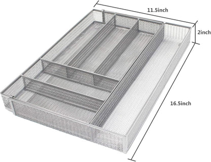 Utensil Drawer Organizer - Expandable Cutlery Tray, Silverware/Flatware Storage Divider for Kitchen, Mesh Designing with Non-slip Rubber Feet (Silver)