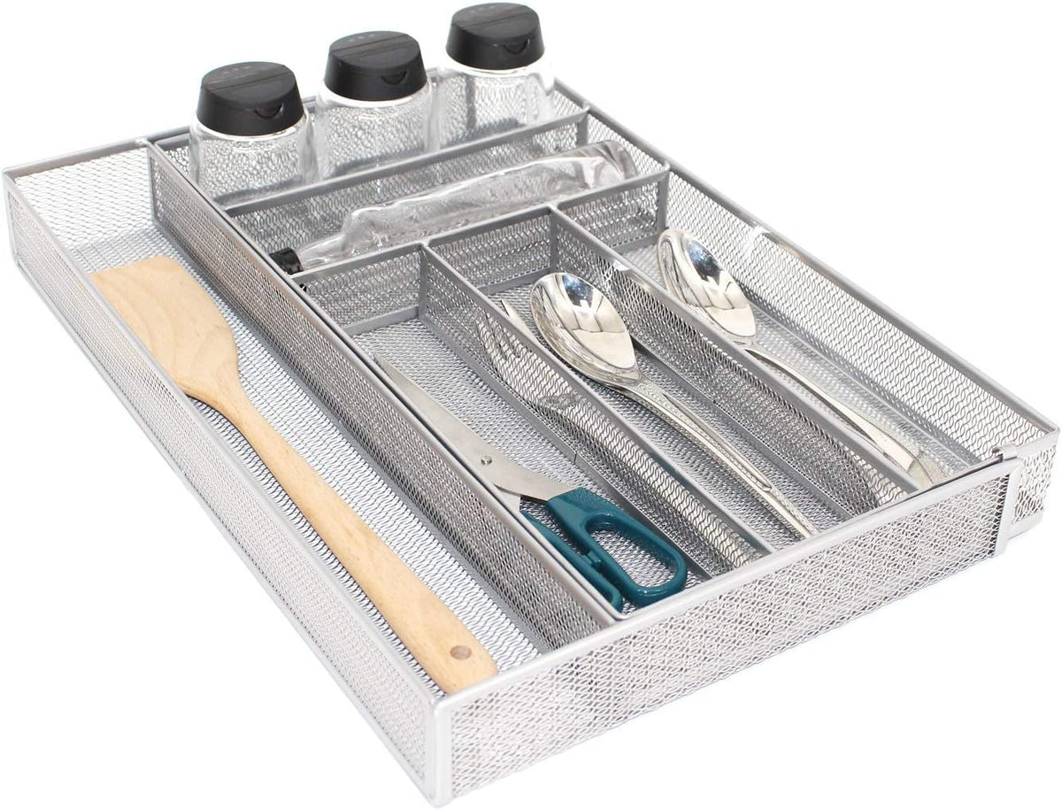 Utensil Drawer Organizer - Expandable Cutlery Tray, Silverware/Flatware Storage Divider for Kitchen, Mesh Designing with Non-slip Rubber Feet (Silver)