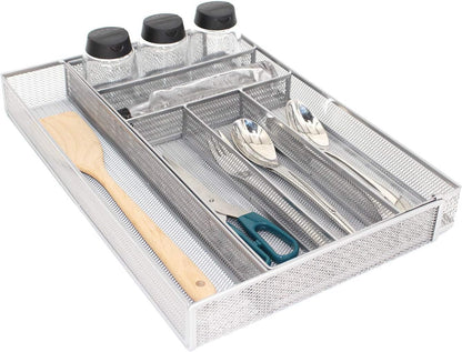 Utensil Drawer Organizer - Expandable Cutlery Tray, Silverware/Flatware Storage Divider for Kitchen, Mesh Designing with Non-slip Rubber Feet (Silver)