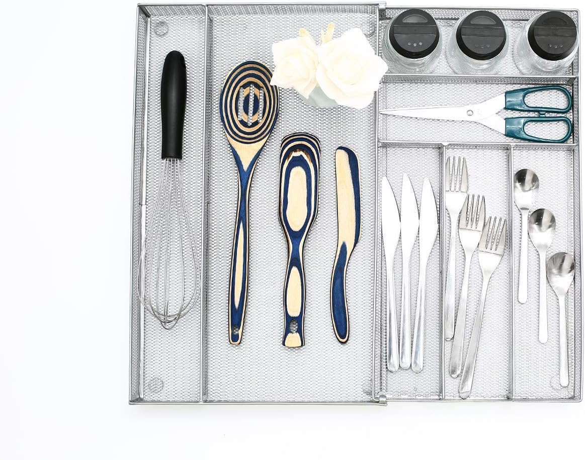 Utensil Drawer Organizer - Expandable Cutlery Tray, Silverware/Flatware Storage Divider for Kitchen, Mesh Designing with Non-slip Rubber Feet (Silver)