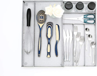 Utensil Drawer Organizer - Expandable Cutlery Tray, Silverware/Flatware Storage Divider for Kitchen, Mesh Designing with Non-slip Rubber Feet (Silver)