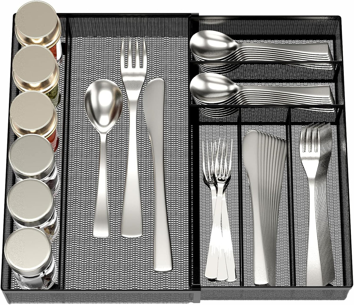 Utensil Drawer Organizer - Expandable Cutlery Tray, Silverware/Flatware Storage Divider for Kitchen, Mesh Designing with Non-slip Rubber Feet (Silver)