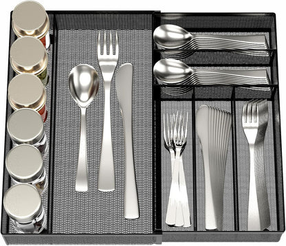 Utensil Drawer Organizer - Expandable Cutlery Tray, Silverware/Flatware Storage Divider for Kitchen, Mesh Designing with Non-slip Rubber Feet (Silver)