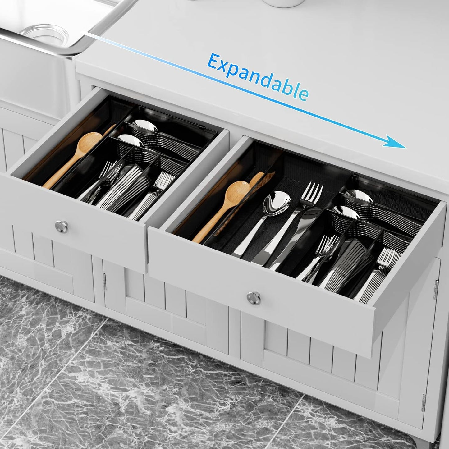 Utensil Drawer Organizer - Expandable Cutlery Tray, Silverware/Flatware Storage Divider for Kitchen, Mesh Designing with Non-slip Rubber Feet (Silver)