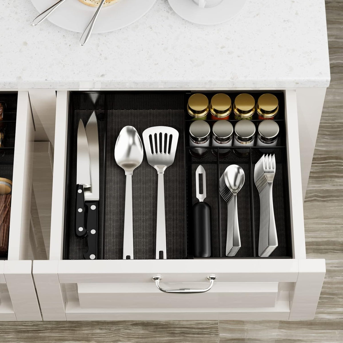 Utensil Drawer Organizer - Expandable Cutlery Tray, Silverware/Flatware Storage Divider for Kitchen, Mesh Designing with Non-slip Rubber Feet (Silver)